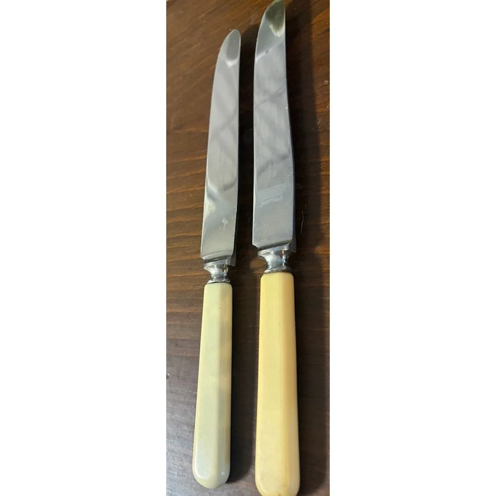 Vintage Imperial Stainless Sheffield Dinner Knives Set of 2 Ivorine Handles